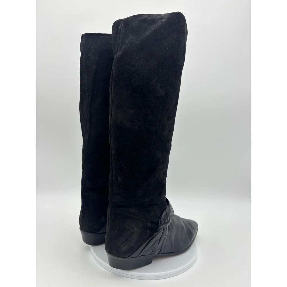 VINTAGE NICKELS Tall Riding Boot Black Leather Suede Knee High‎ Point Toe Shoe 7